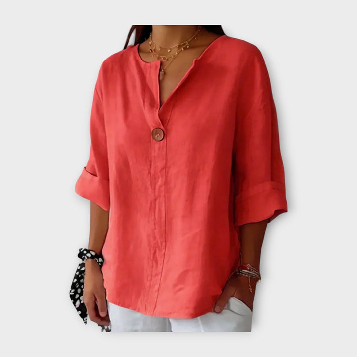 Linen Blouse with Button and V Neckline