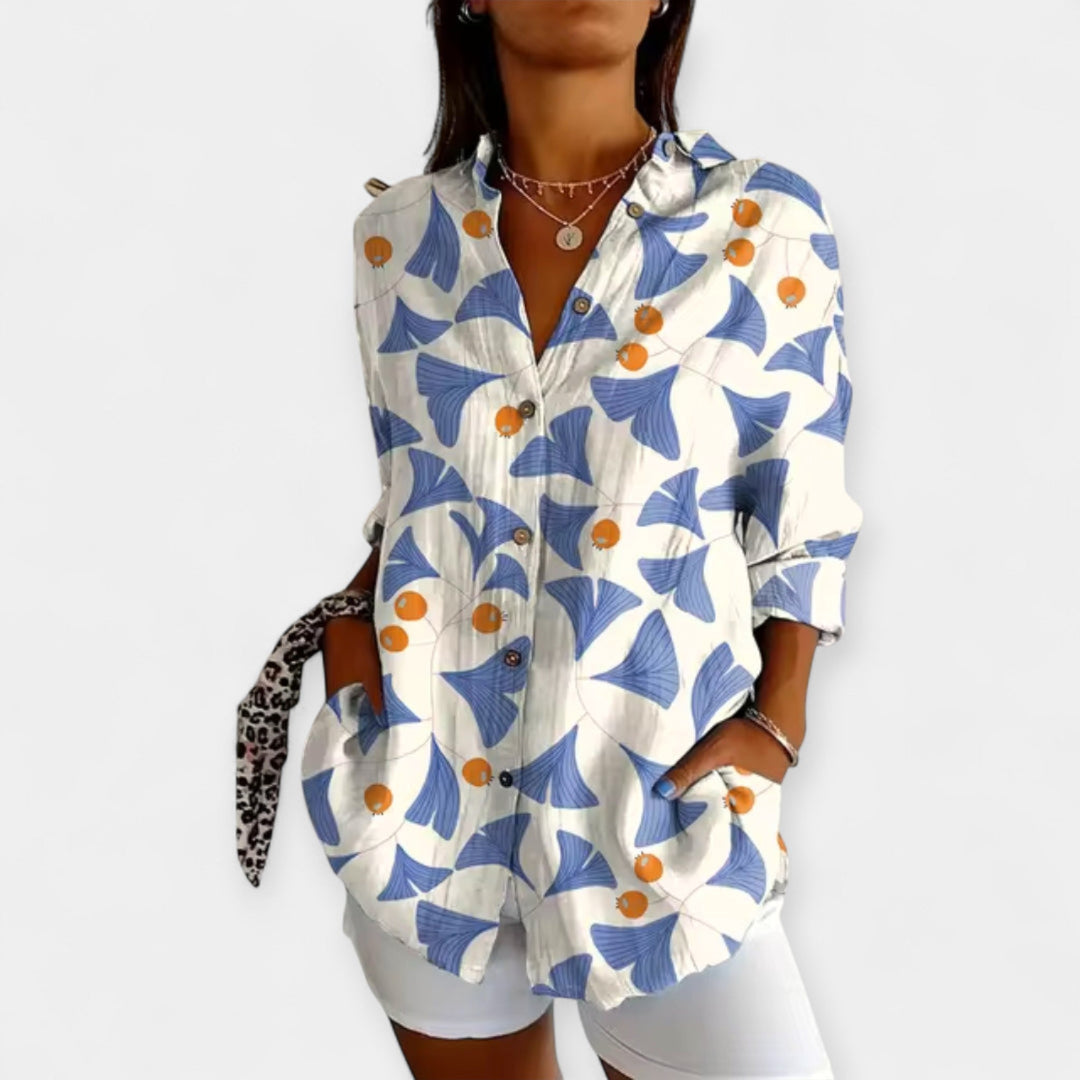 Button-Up Blouse with Floral Design