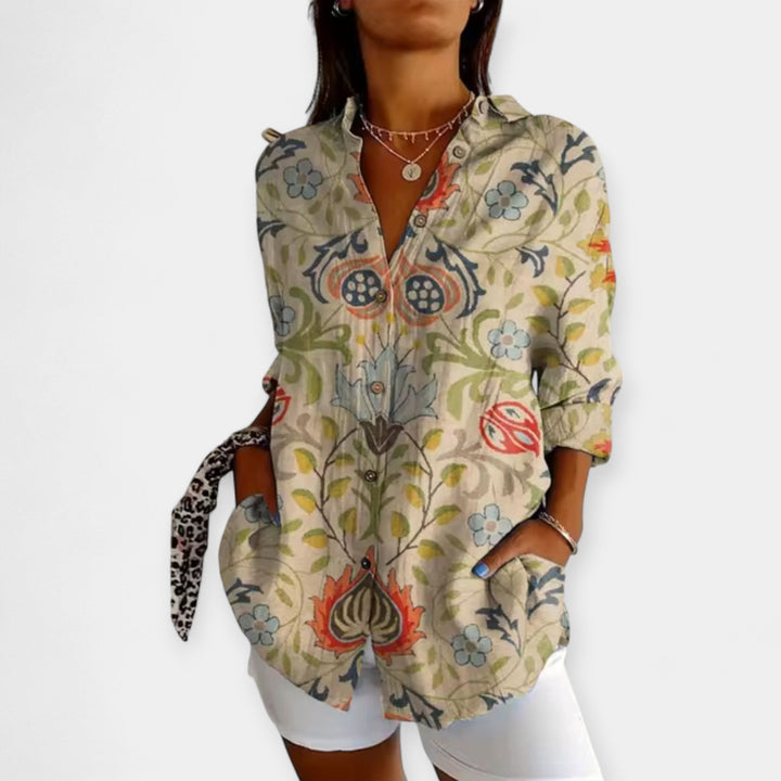 Button-Up Blouse with Floral Design