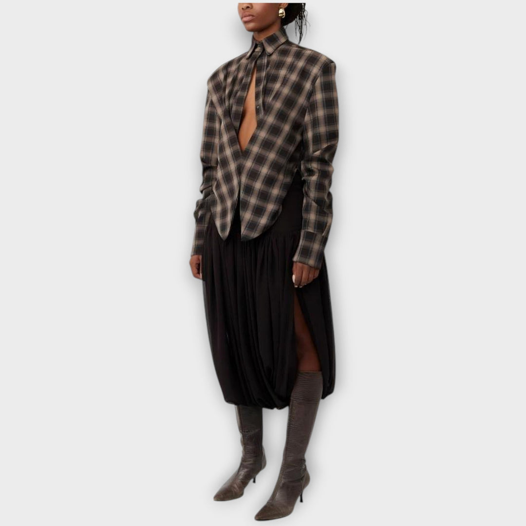 Edgy Plaid Cut-Out Blouse & Draped Skirt Set